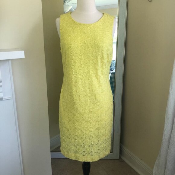 Vintage 60s Shift Dress Size 12 Yellow Floral Lace Overlay Sleeveless Retro - Picture 8 of 12